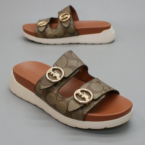 Coach Shoes - Coach Ladies 8 Gable Khaki/Saddle Signature Platform Slides Mules Sandals Shoes